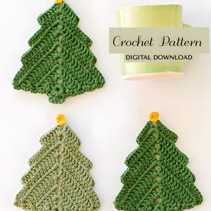May include: Four green crochet Christmas tree coasters with yellow star accents. A light green mug is in the background. The text "Crochet Pattern DIGITAL DOWNLOAD" is displayed on the image.