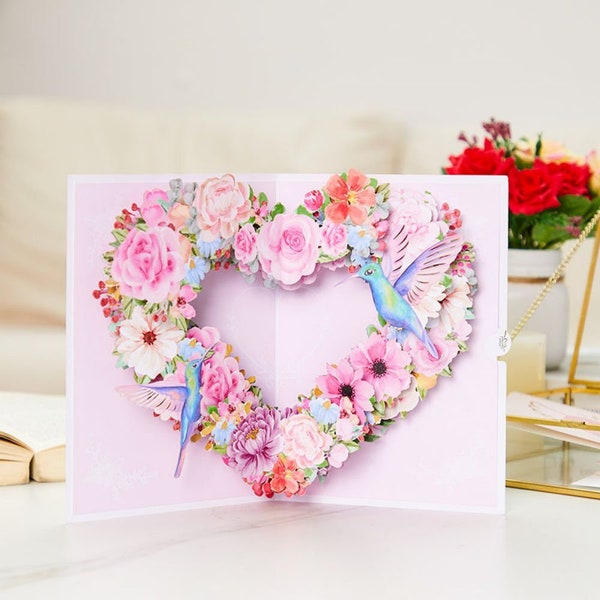 Pop Up Hummingbird Heart Birthday Card 3D Pop Up Greeting Card