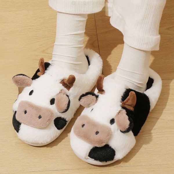 Cute Cow Print Cotton Slippers Cartoon Animal Slippers Warm Cozy House Slippers