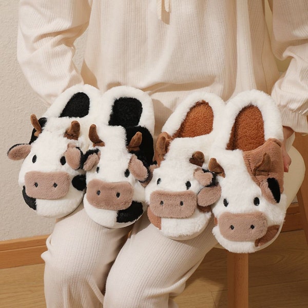 Cute Cow Print Cotton Slippers Cartoon Animal Slippers Warm Cozy House Slippers