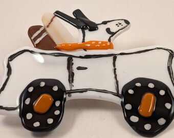 Surfer dog off to the beach in his bone mobile, fused glass, original artwork, dog lovers, cartoon, creative, fun, cute