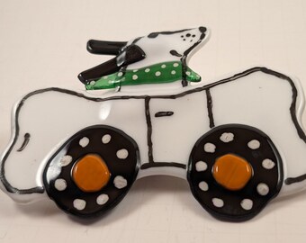 Dog just cruising in my bone mobile- fused glass, plant stake, original artwork, for dog lovers, unique cars, cartoon, cute