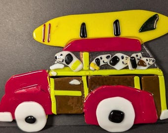 Glass Fused Art: Surfing Dogs in Woody Van with Metal Stake