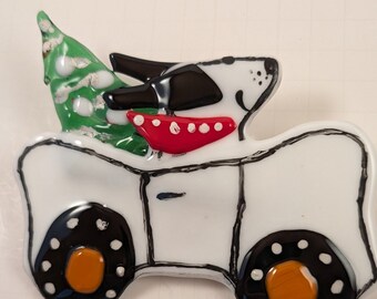 Doggie getting ready for Holidays, fused glass, plant stake, dog lovers, dog mobile, cartoons, creative, original artwork