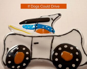 My 1st Dog mobile, If Dogs Could Drive fused glass plant stake, off to the beach