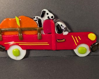 Fused Glass Dog Art: Thanksgiving Pumpkin Truck, Handmade