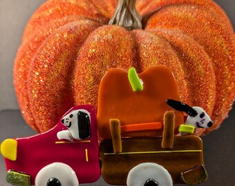 Fused Glass Dog Ornament: Handmade Pumpkin Truck Art