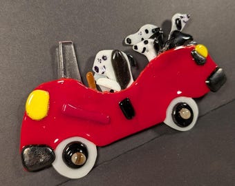 Fused Glass Dog Art: Handmade Convertible Car Sculpture