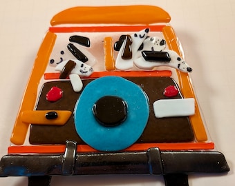 Woody Van doggie fun, fused glass, plant stake, jeep, dogs, cartoons, fun