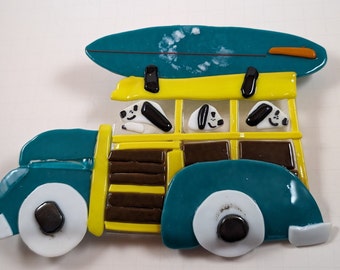 Woody Van dogie surfing fun, Fused glass, plant stake, cartoon