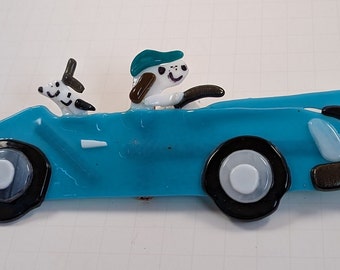 Dogs & porsches, Original Artwork, If Dogs Could Drive, fused glass, plant stake