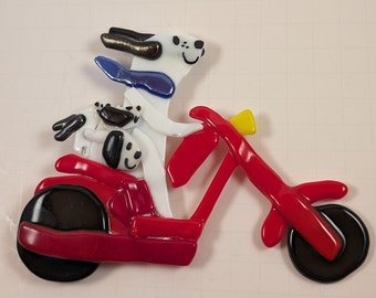 Dogs & pups out for motorcycle fun, fused glass plant stake, original artwork