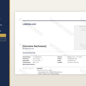 May include: A resume template in German, with the title "LEBENSLAUF VORLAGE" at the top. The template includes sections for personal data, work experience, and skills. A dark blue and gold sidebar lists features and download options.