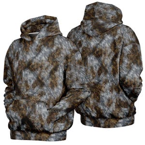 May include: Two hooded sweatshirts with a camouflage pattern in shades of brown, gray, and white. The sweatshirts have a front pocket and a hood. The pattern is a repeating diamond design.