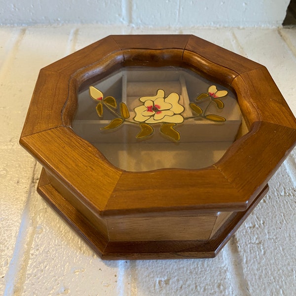 Vintage Mele Wood And Glass Octagonal Jewelry Box