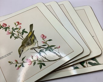 Vintage English bird print placemats. Set of four. Blue Titmouse,Chaffinch, Plumbeous Gnatcatcher, Bonelli’s Warbler.