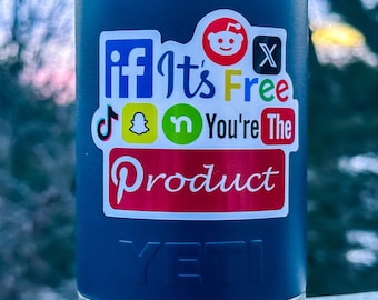 sticker waterfles/laptop autosticker - als het gratis is, ben jij het product - sociale media - filosofiesticker