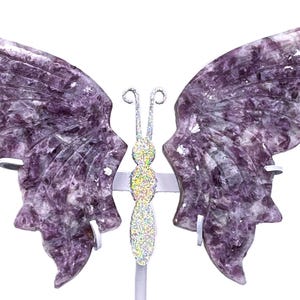 Holographic PURPLE MICA aka LEPIDOLITE  Natural Crystal Butterfly Wings w Custom Silver Color Shifting Stand! Hand Carved & Polished! Rare!