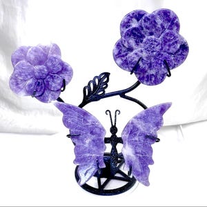 NEW! Purple Lepidolite Natural Crystal BUTTERFLY & FLOWER 3pc. set!  Custom Sparkle Stand! Hand Carved, Polished! Rare! Great Gift! Healing