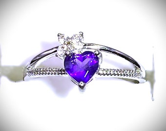 Amethyst Silver Heart Butterfly Ring, Sterling Silver Women's Natural Crystal Gemstone Ring, Adjustable. Healing! FREE SHIPPING! Great Gift!