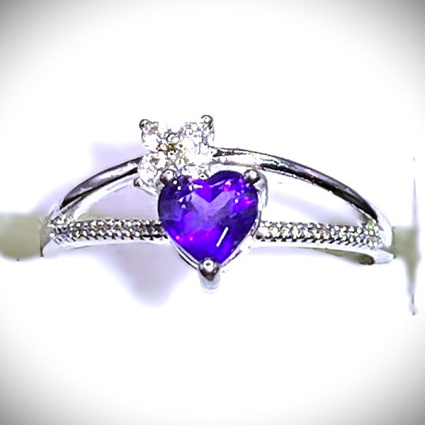 Amethyst Silver Heart Butterfly Ring, Sterling Silver Women's Natural Crystal Gemstone Ring, Adjustable. Healing! FREE SHIPPING! Great Gift!