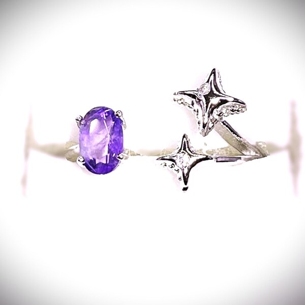 Amethyst Elongated Cushion Cut Ring with Star Accents, Sterling Silver Women's Natural Crystal Gemstone Ring, Adjustable. Free Shipping!