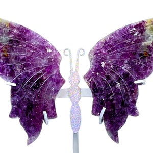 Holographic PURPLE MICA aka LEPIDOLITE  Natural Crystal Butterfly Wings w Custom Silver Color Shifting Stand! Hand Carved & Polished! Rare!