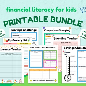 May include: A printable bundle of worksheets for teaching children about financial literacy. The worksheets include topics such as savings, budgeting, spending, and comparison shopping. The worksheets are colourful and feature fun illustrations.