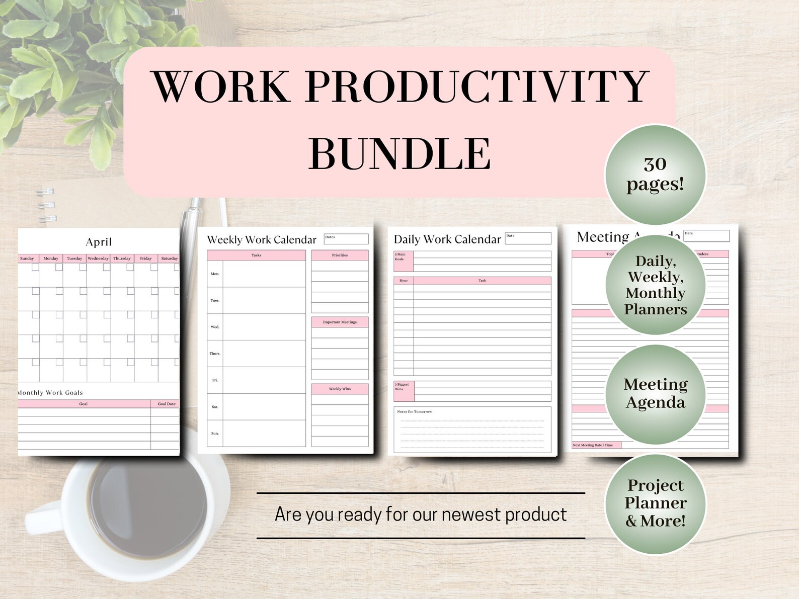 Work Activity Planner Work Productivity Printable Bundle - Daily, Weekly, Monthly Planners ...