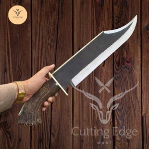 Custom Made Heavy Duty Bowie Knife , Hand Forged Hunting Stag Horn Handled Knife ,With Leather Sheath, Gift For Him, Christmas Gift