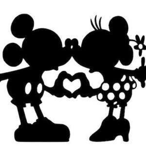 May include: Black and white silhouette of Mickey Mouse and Minnie Mouse holding hands and forming a heart shape with their hands.