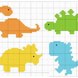 Op de afbeelding: Een kruissteekpatroon met vier verschillende dinosaurussen: een groene stegosaurus, een oranje brachiosaurus, een gele triceratops en een blauwe tyrannosaurus rex.