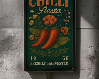 May include: A rectangular sign with the words "CHILLI Fiesta" in orange and gold lettering, featuring illustrations of red chilli peppers, flowers, and the text "FRESHLY HARVESTED". The sign is mounted on a textured grey wall.