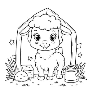 May include: A black and white illustration of a cute lamb standing in front of a wooden structure. The lamb has fluffy wool and large eyes. A watering can, stars, and grass are also present in the scene.