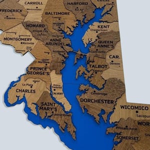 Carte en bois 3D du Maryland, art mural, décoration murale de la carte de l'état, cadeau personnalisé, cadeau de pendaison de crémaillère, carte de l'état du comté