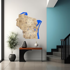 Carte en bois 3D du Wisconsin, art mural, décoration murale de carte d'état, cadeau personnalisé, cadeau de pendaison de crémaillère, carte de l'état du comté