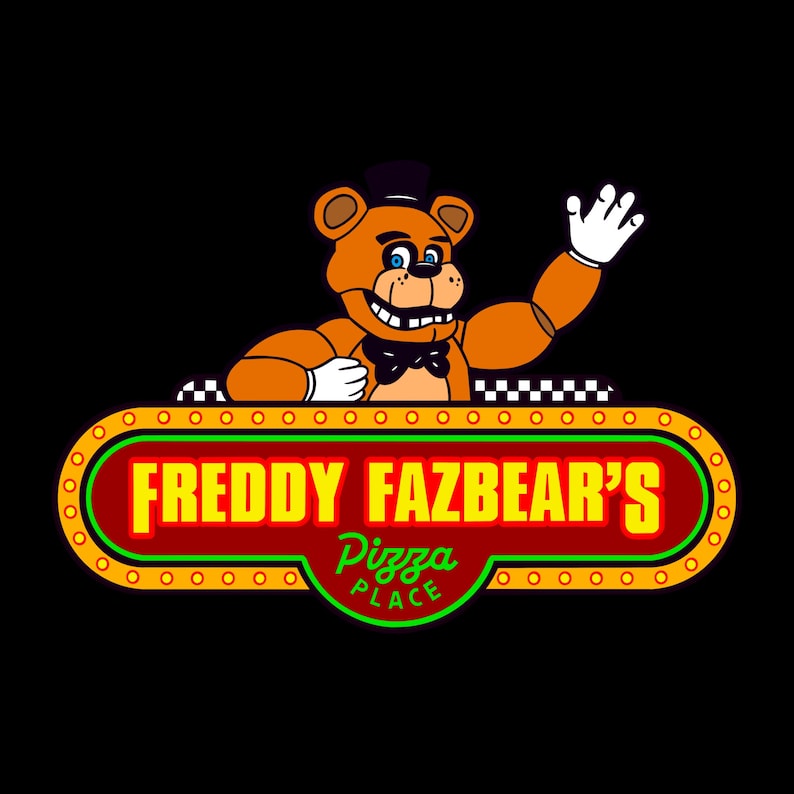 以下が含まれることがあります： 「Freddy Fazbear's Pizza Place」という文字と、黒いシルクハットと蝶ネクタイをつけた漫画のクマが描かれた黄色と赤のネオンサインです。