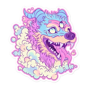 May include: A colorful illustration of a furry, blue and pink creature with a single horn, three eyes, and a large, open mouth. The creature is surrounded by a cloud of pastel-colored smoke.