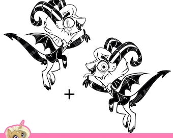 May include: Black and white line art illustration of a cartoon goat with horns and wings. The goat is wearing a bow tie and has a surprised expression. The image is a digital download for crafting projects.