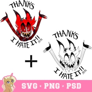 Könnte beinhalten: Eine digitale Illustration einer roten Comicfigur mit Hörnern und einem breiten Grinsen. Die Figur trägt einen roten Anzug und darunter steht der Text "Danke, ich hasse es!" Die Figur ist sowohl in Farbe als auch in Schwarzweiß dargestellt.