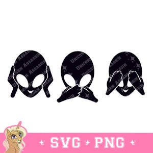 May include: Black alien head illustrations in a "See no evil, hear no evil, speak no evil" pose. The alien heads have large oval eyes and are surrounded by hands. The text "UNICORN ASSASSIN" is printed on the alien heads.