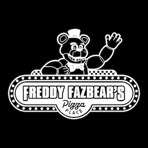 以下が含まれることがあります： 帽子と蝶ネクタイをつけた漫画のクマの白黒のイラスト。クマは「Freddy Fazbear's Pizza Place」と書かれた看板の前に座っています。