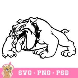 May include: Black and white line art illustration of a bulldog with a spiked collar. The bulldog is shown in a snarling pose with its mouth open and tongue sticking out.