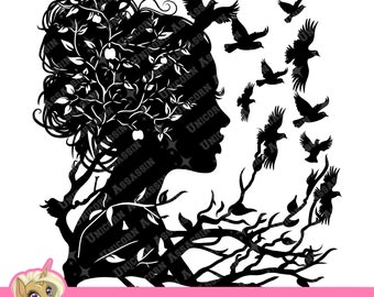 May include: Black silhouette of a woman's profile with hair styled as a tree, with leaves and apples. Birds are flying from her head. The image includes the text "SVG + PNG + PSD".