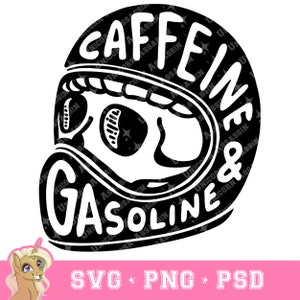 Puede incluir: Ilustración en blanco y negro de un casco de moto con el texto "Caffeine & Gasoline" alrededor del casco.