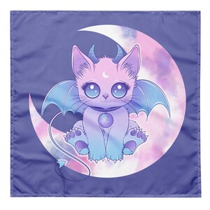 May include: A purple and blue cat with wings and a tail sits on a pink and white crescent moon. The cat has a purple collar with a blue gem. The background is a solid purple.