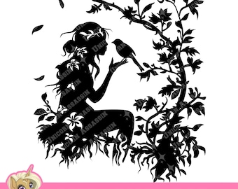 May include: A black silhouette of a woman seated amidst floral and leafy branches, with a bird perched on her hand. The image includes the text "UNICORN ASSASSIN" and "SVG + PNG + PSD" in a pink banner at the bottom. The design is suitable for digital art or crafting.