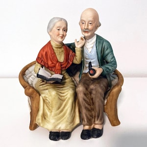 Vintage Capodimonte Elderly Couple On Couch Figurine Made in Italy 1920s-1960s
