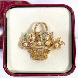 New in Box Gerry&#39;s Basket Pin Brooch with Faux Pearls and Colored Rhinestones
