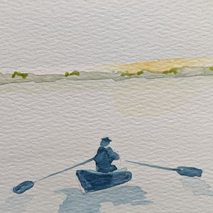 May include: A watercolor painting of a person rowing a boat on a calm body of water. The sky is a light blue and the water is a light blue with a hint of green. The boat is a dark blue and the person is wearing a dark blue hat and shirt. The painting is signed "DW" in the bottom right corner.